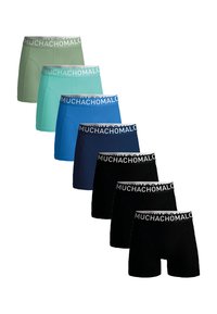 Set of seven boxer shorts in varying colors: light green, teal, blue, dark blue, and three black, featuring a branded elastic waistband.