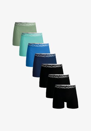 Hét darab boxer alsó, különböző színekben: világos zöld, türkiz, kék, sötétkék és három fekete, márkás elasztikus derékgummival.