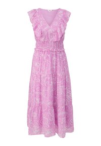 Roze jurk met witte bloemige patronen, gerimpelde mouwen, V-hals en een geplooid middel. Beschikt over een gelaagde rok en is gemaakt van lichte stof.