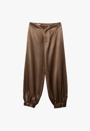 Pantaloni marroni in raso a gamba larga con polsini elasticizzati con bottoni e vita liscia.