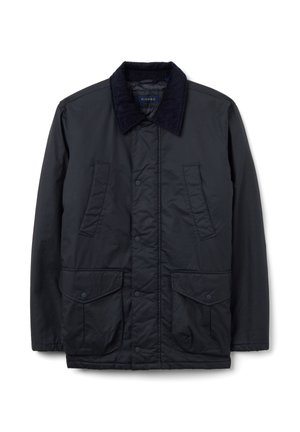 Marineblaue gesteppte Jacke mit einem Cordkragen, zwei vorderen Klappentaschen und Druckknopfverschluss. Glatte Textur mit klassischem Design.