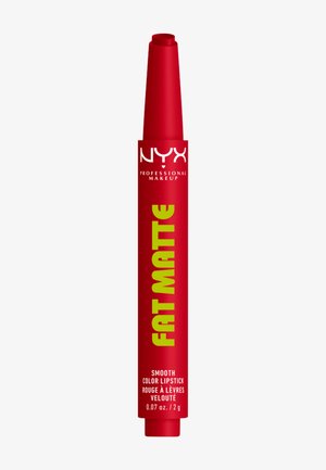 Rød NYX Professional Makeup Fat Matte glat farvelæbestift i kridt-stil emballage, 0,07 oz / 2 g.