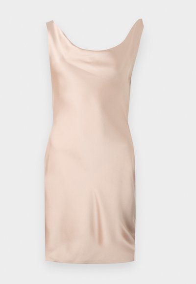 Gola satenaste obleke brez rokavov z mehko ovratnikom, ozkim krojem in gladko teksturo. Brez vidnih vzorcev ali kovinskih delov; čista, minimalistična zasnova.