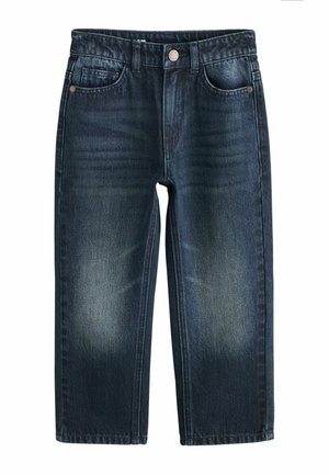 Mørkeblå denimjeans med forreste knap, bæltestropper og to forlommer, vist fladt på hvid baggrund.