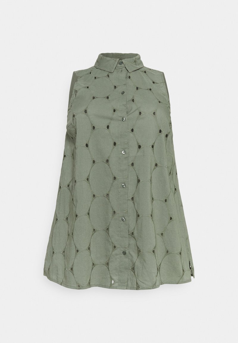 Chemise sans manches vert clair avec un col, présentant un motif ovale texturé et des fermetures à boutons sur le devant.