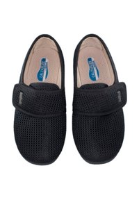 Zapatos de malla negros con una correa de velcro, puntera redonda, plantilla acolchada y diseño perforado para transpirabilidad. Textura suave y material ligero.