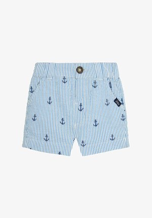 Shorts cu dungi albastre deschise, cu un model cu ancora, având închidere cu nasture, buzunare laterale și un eticheta cosută pe lateral.
