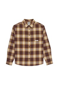 Camicia a scacchi marrone con accenti gialli e grigi. Design con bottoni, colletto, maniche lunghe e una sola tasca sul petto.