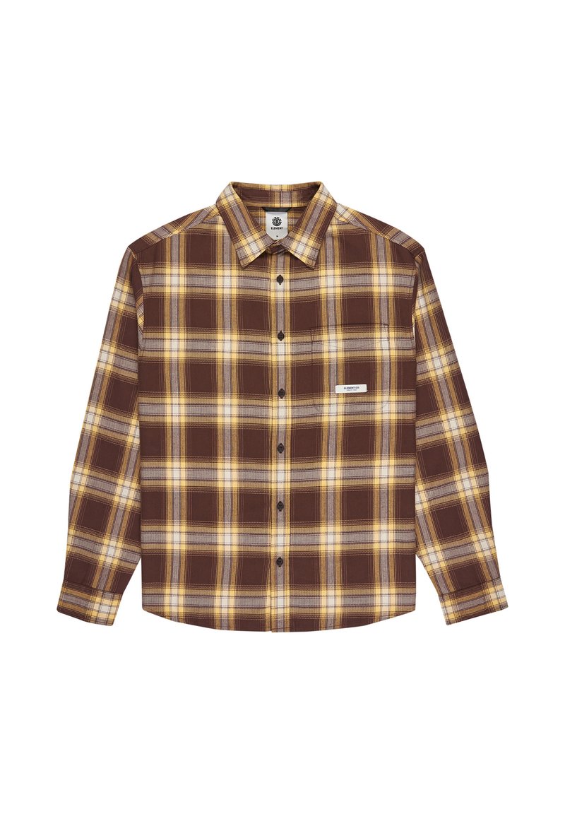 Camicia a scacchi marrone con accenti gialli e grigi. Design con bottoni, colletto, maniche lunghe e una sola tasca sul petto.