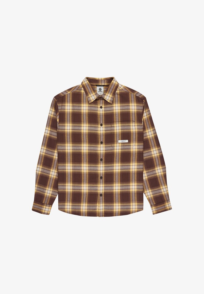 Camicia a scacchi marrone con accenti gialli e grigi. Design con bottoni, colletto, maniche lunghe e una sola tasca sul petto.