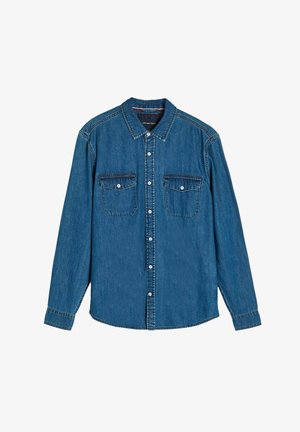 Koszula dżinsowa, ciemnoniebieska, z długimi rękawami, z guzikiem z przodu, z dwiema kieszeniami na piersiach z klapami, kontrastowe szwy, standardowy kołnierzyk, gładka faktura.