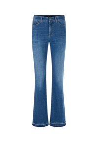 Flared blue jeans made of denim, featuring five pockets, a button fly, and visible stitching. The fabric has a slightly worn finish.