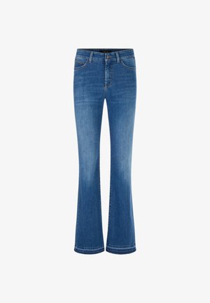 Ausgestellte blaue Jeans aus Denim, mit fünf Taschen, einem Knopfverschluss und sichtbaren Nähten. Der Stoff hat eine leicht abgedroschene Optik.