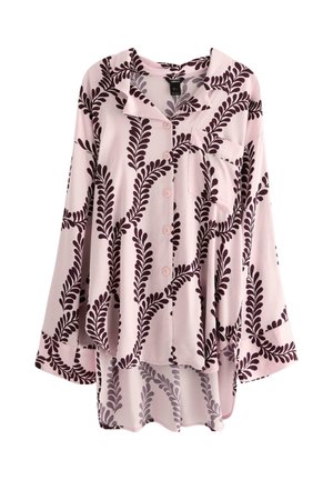 Maglietta da pigiama a maniche lunghe rosa con una vestibilità rilassata, caratterizzata da motivi fogliari viola scuro, colletto, chiusura con bottoni e taschino sul petto.