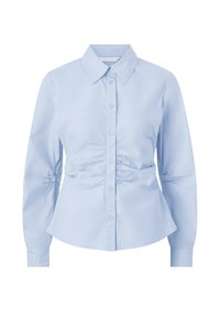 Chemise bleu clair à manches longues avec un design froncé à la taille et un col classique. Tissu lisse et léger.
