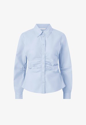 Lichtblauw overhemd met knopen, lange mouwen, voorzien van een geplooid ontwerp in de taille en een klassieke kraag. Soepele, lichtgewicht stof.
