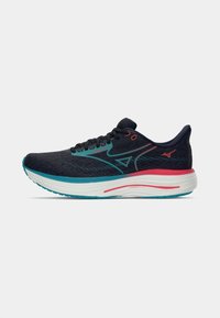 Running shoes featuring a black mesh upper with teal and coral accents, a cushioned white midsole, and a textured outsole for grip.