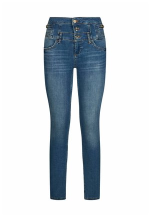 Hoch taillierte blaue Skinny-Jeans aus Denim mit dreifacher Knopfverschluss und verwaschenen Details an Oberschenkeln und Knien.