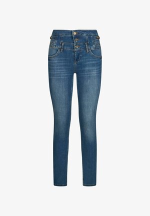 Hoch taillierte blaue Skinny-Jeans aus Denim mit dreifacher Knopfverschluss und verwaschenen Details an Oberschenkeln und Knien.