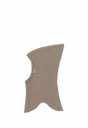 Beige strikket balaclava med bred halsåbning og en lille stoflabel i siden, designet til dækning af hoved og nakke.