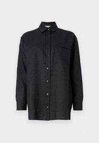 Black linen long-sleeve shirt with a button-down collar, front button placket, single chest pocket, and relaxed fit.