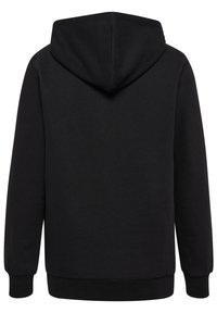 Felpa nera con cappuccio a coulisse, polsini a costine e una texture liscia, caratterizzata da un colore uniforme e senza grafiche o motivi visibili.