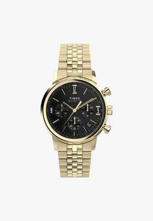 Gold chronograph wristwatch with a black dial, featuring three sub-dials, gold-toned hands, and a stainless steel bracelet.