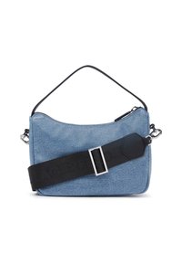 Blue denim shoulder bag with a black adjustable strap, silver hardware, and a zip closure. Features a smooth texture and angular design.