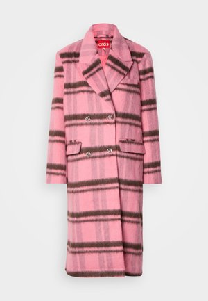 Double-breasted wool coat featuring a pink and grey check pattern, notched lapels, two side pockets, and metallic accents on buttons.