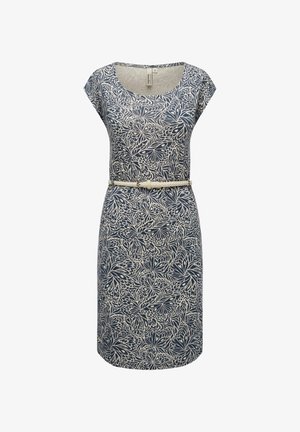 Abito blu navy con motivo floreale crema, scollo rotondo, maniche corte e cintura in crema rimovibile in vita. Tessuto dalla texture liscia.