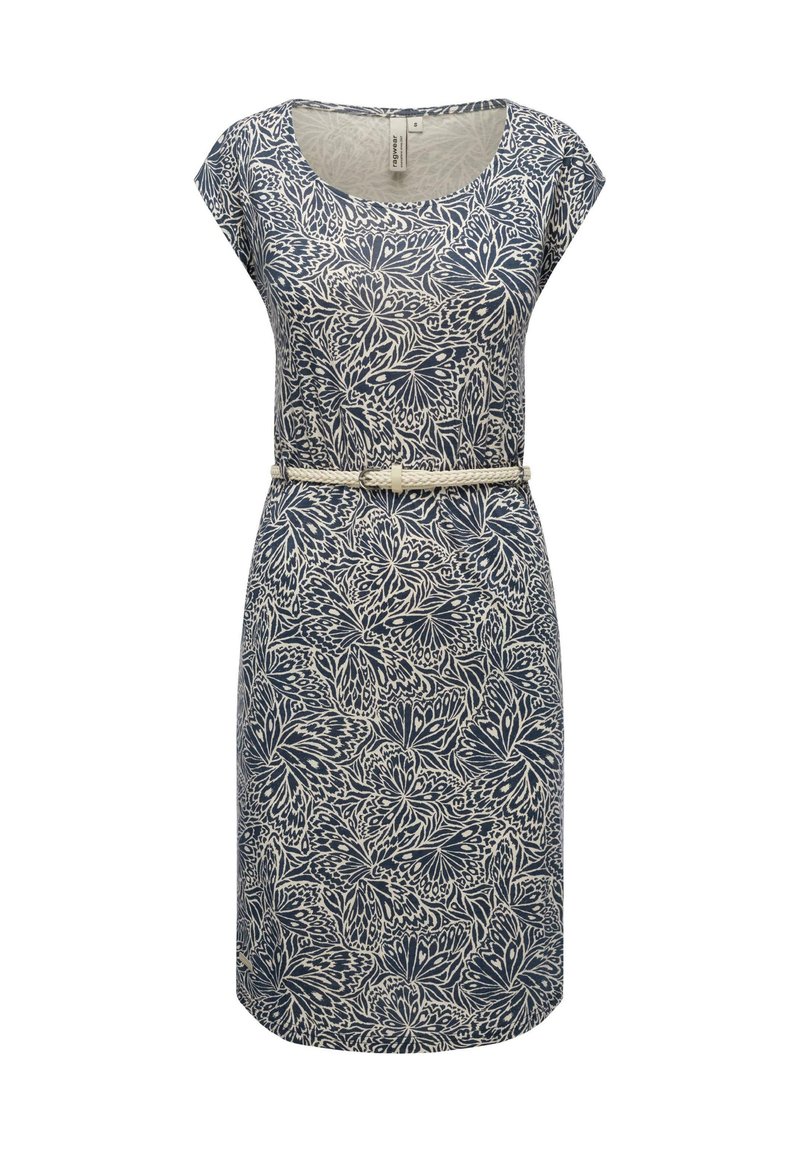 Marineblaues Kleid mit einem cremefarbenen Blumenmuster, rundem Ausschnitt, kurzen Ärmeln und einem abnehmbaren cremefarbenen Gürtel in der Taille. Glatte Stoffstruktur.