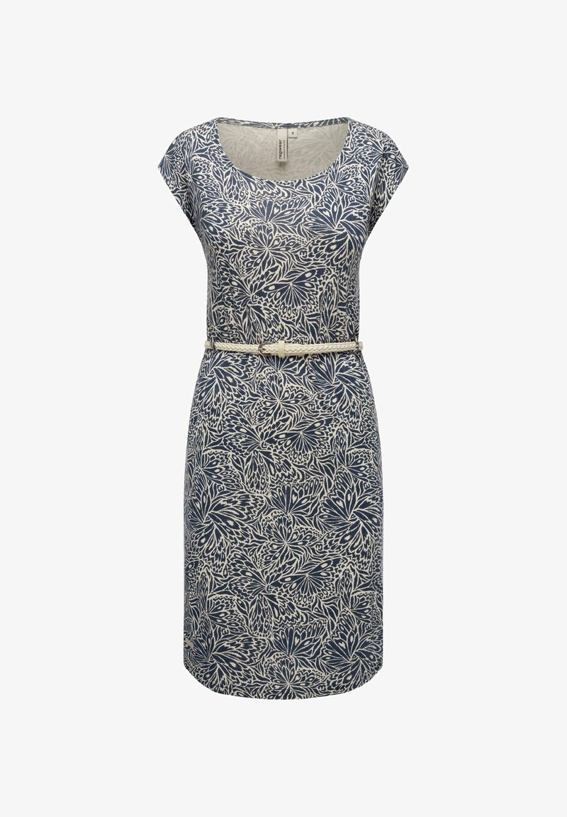 Marineblaues Kleid mit einem cremefarbenen Blumenmuster, rundem Ausschnitt, kurzen Ärmeln und einem abnehmbaren cremefarbenen Gürtel in der Taille. Glatte Stoffstruktur.