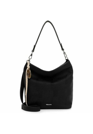 Czarna teksturowana torba na ramię z odpinanym paskiem oraz dekoracyjnym beżowym sznurkiem z bursztynowym wisiorkiem zawieszonym z przodu.