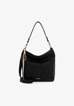 Czarna teksturowana torba na ramię z odpinanym paskiem oraz dekoracyjnym beżowym sznurkiem z bursztynowym wisiorkiem zawieszonym z przodu.