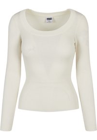 Pull côtelé crème à manches longues avec encolure dégagée, taille ajustée et étiquette Urban Classics à l’intérieur du col, taille XS.