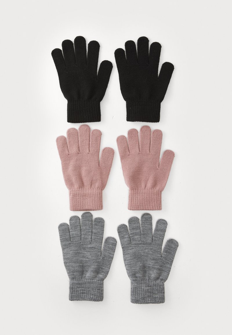 Fekete, rózsaszín és szürke kötött kesztyűk. Minden pár öt ujjal, bordázott mandzsettával és sima textúrával rendelkezik, alap színváltozatokkal.