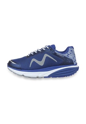 Blauer und grauer Sportschuh mit Mesh-Obermaterial, weißer Sohle, Schnürdesign und dem Text "Colorado X" auf der Seitenfläche.