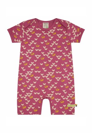 Korte mouwen romper in roze katoen met een patroon van gele en crèmekleurige papieren boten, met drukknoopsluitingen aan de onderkant voor gemakkelijk aankleden.