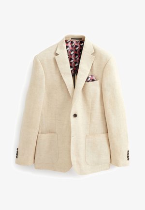 Beige linned blazer med notch lapel, to frontlommer og et mønstret indvendigt for med pink og grå cirkulære design.