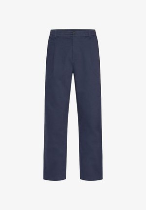 Marineblaue Hose mit Knopfverschluss, zwei Vorderaschen, geradem Bein-Design und einer glatten, baumwollähnlichen Textur.