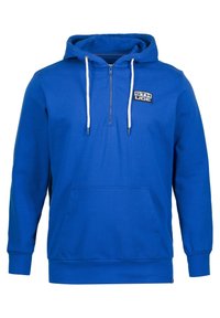 Sininen vetoketjullinen huppari, valmistettu puuvillasekoitteesta. Siinä on etutasku, valkoiset kiristysnauhat ja rinnassa kangaslogo.