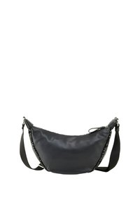 Borsa a spalla sintetica nera con forma curvata, superficie testurizzata, chiusura con zip e decorazioni di perline lungo la tracolla.