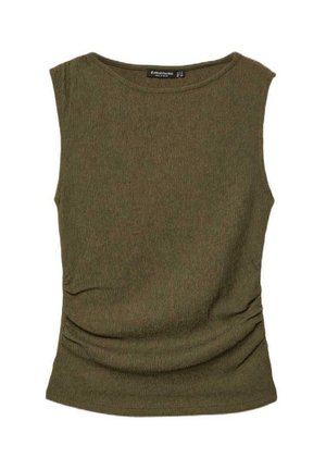 Top brez rokavov v olivno zeleni barvi z teksturo, okroglim izrezom in subtilnimi naborki na eni strani.