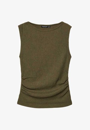 Top brez rokavov v olivno zeleni barvi z teksturo, okroglim izrezom in subtilnimi naborki na eni strani.