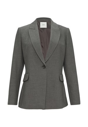 Blazer gris ajusté avec revers cranté, fermeture à un bouton et deux poches avant. Texture lisse et design ajusté.
