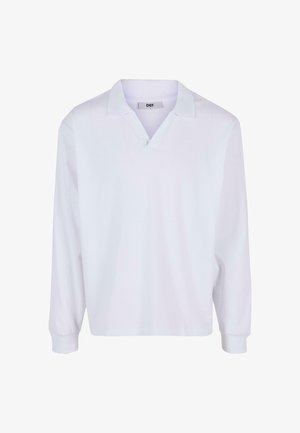 Long-sleeve white polo shirt in cotton fabric, featuring a V-neck collar, ribbed cuffs, and a relaxed fit for comfort. Brand label visible inside collar.