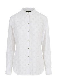 White long-sleeve blouse with round collar, featuring eyelet embroidery in floral patterns and front button closure. Soft cotton texture.