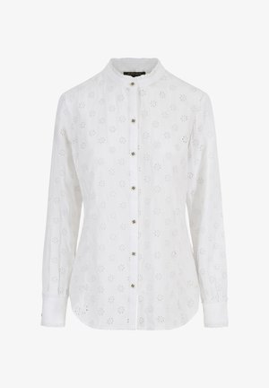 White long-sleeve blouse with round collar, featuring eyelet embroidery in floral patterns and front button closure. Soft cotton texture.