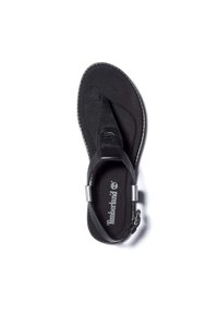 Musta nahkasandaali varvastuen rakenteella, hopeanvärisillä metallikoristeilla ja pehmeällä, teksturoidulla pohjallisella. Timberlandin logo näkyy sisäpohjassa.