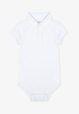 Valkoinen lyhythihainen polo-bodysuit, joka on valmistettu pehmeästä puuvillasta. Mallissa on kaulus, kolme nappia edessä ja neppari alhaalla.